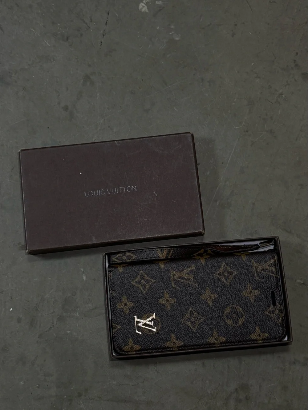 Louis Vuitton Monogram Style Wallet Phone Case Brown Folio Wrist Strap w/ Box